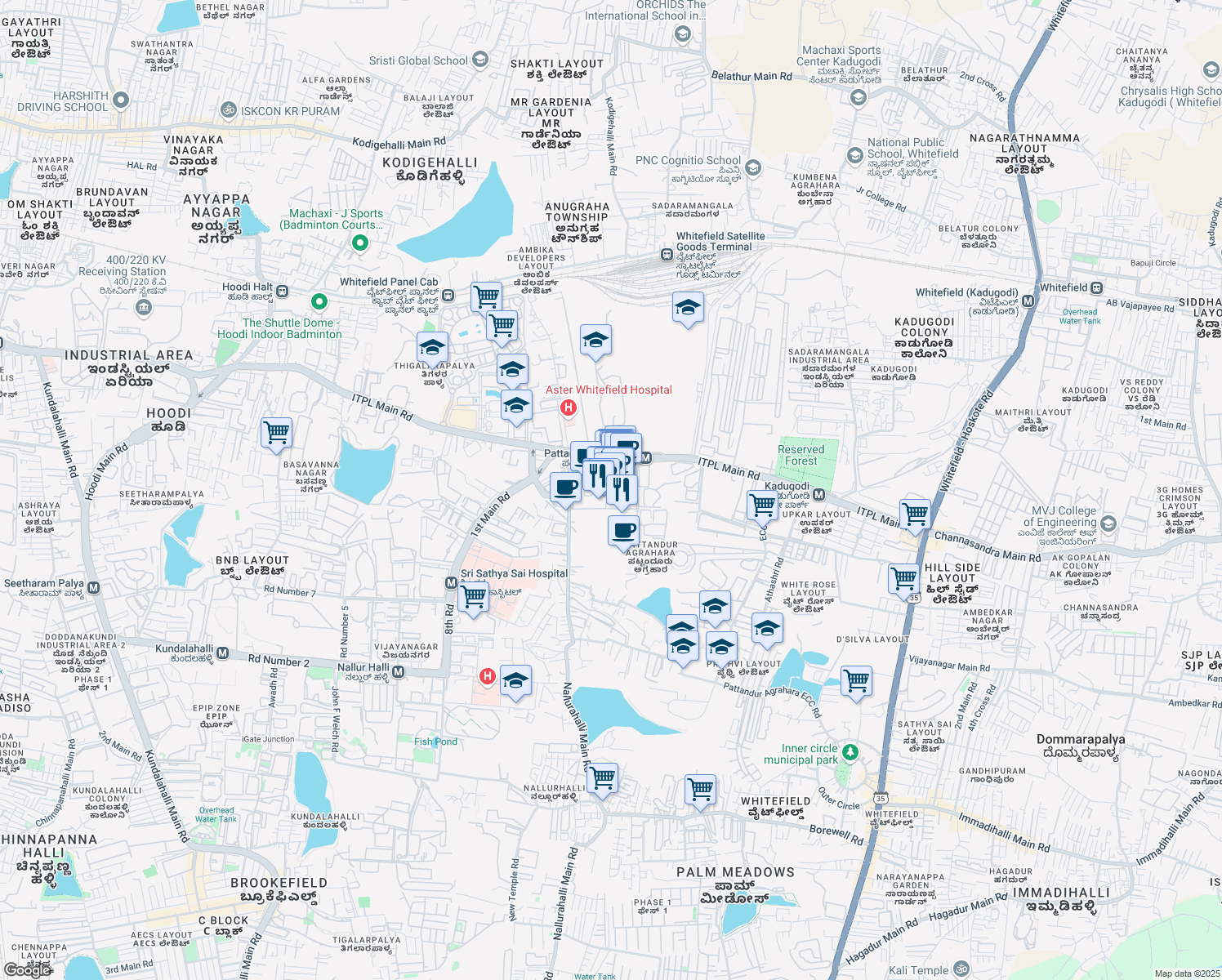map of restaurants, bars, coffee shops, grocery stores, and more near Whitefield Rd in Bangalore