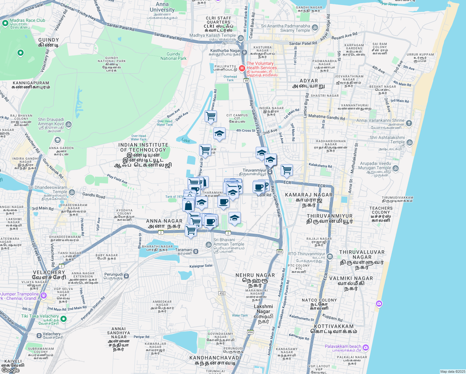 map of restaurants, bars, coffee shops, grocery stores, and more near in Chennai