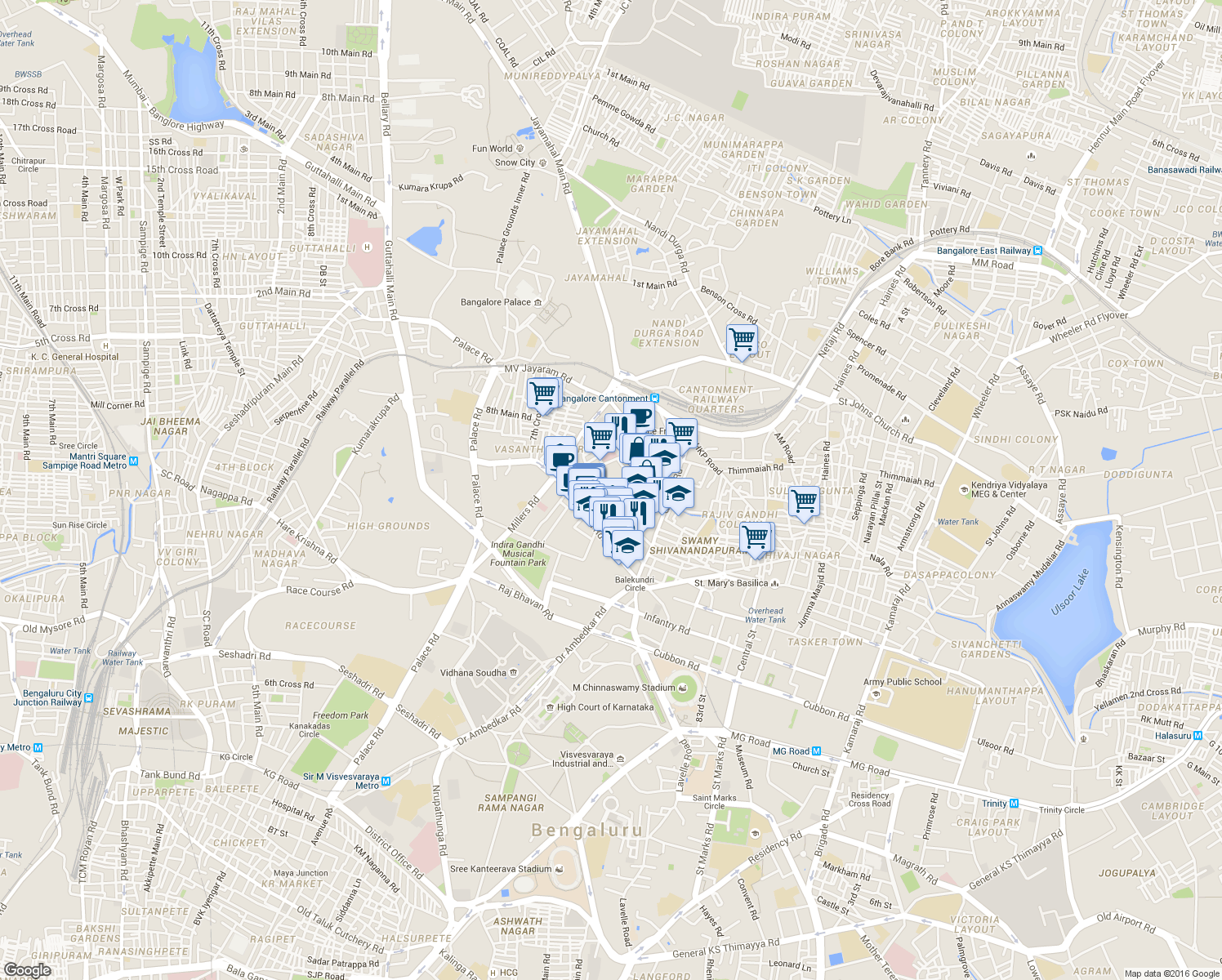 map of restaurants, bars, coffee shops, grocery stores, and more near Cunningham Crescent Road in Bengaluru