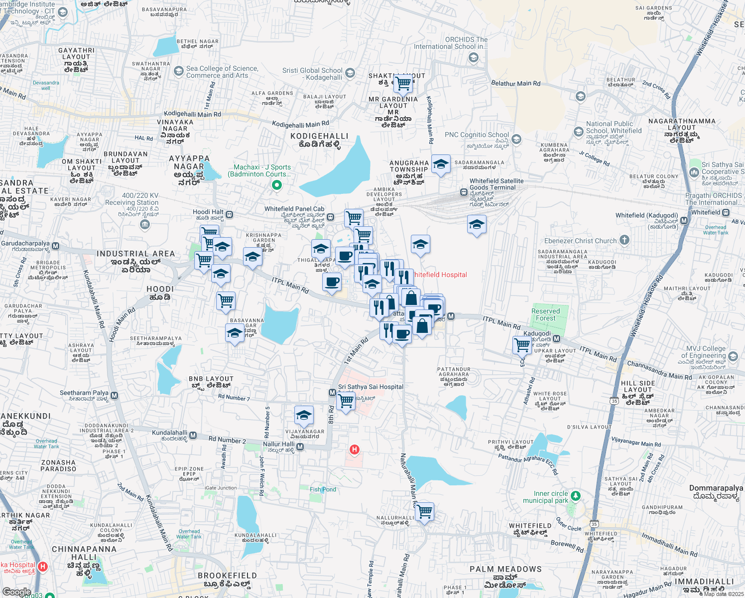 map of restaurants, bars, coffee shops, grocery stores, and more near 16 Whitefield Main Road in Bengaluru