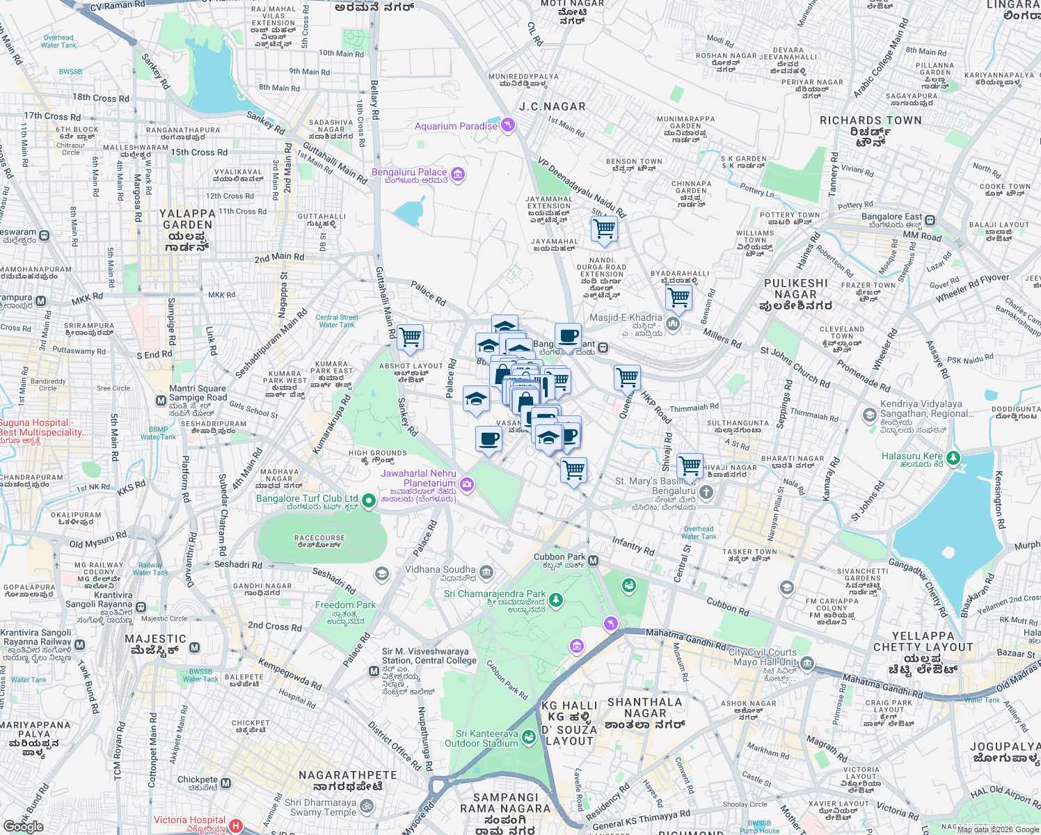 map of restaurants, bars, coffee shops, grocery stores, and more near 78 Cunningham Road in Bengaluru
