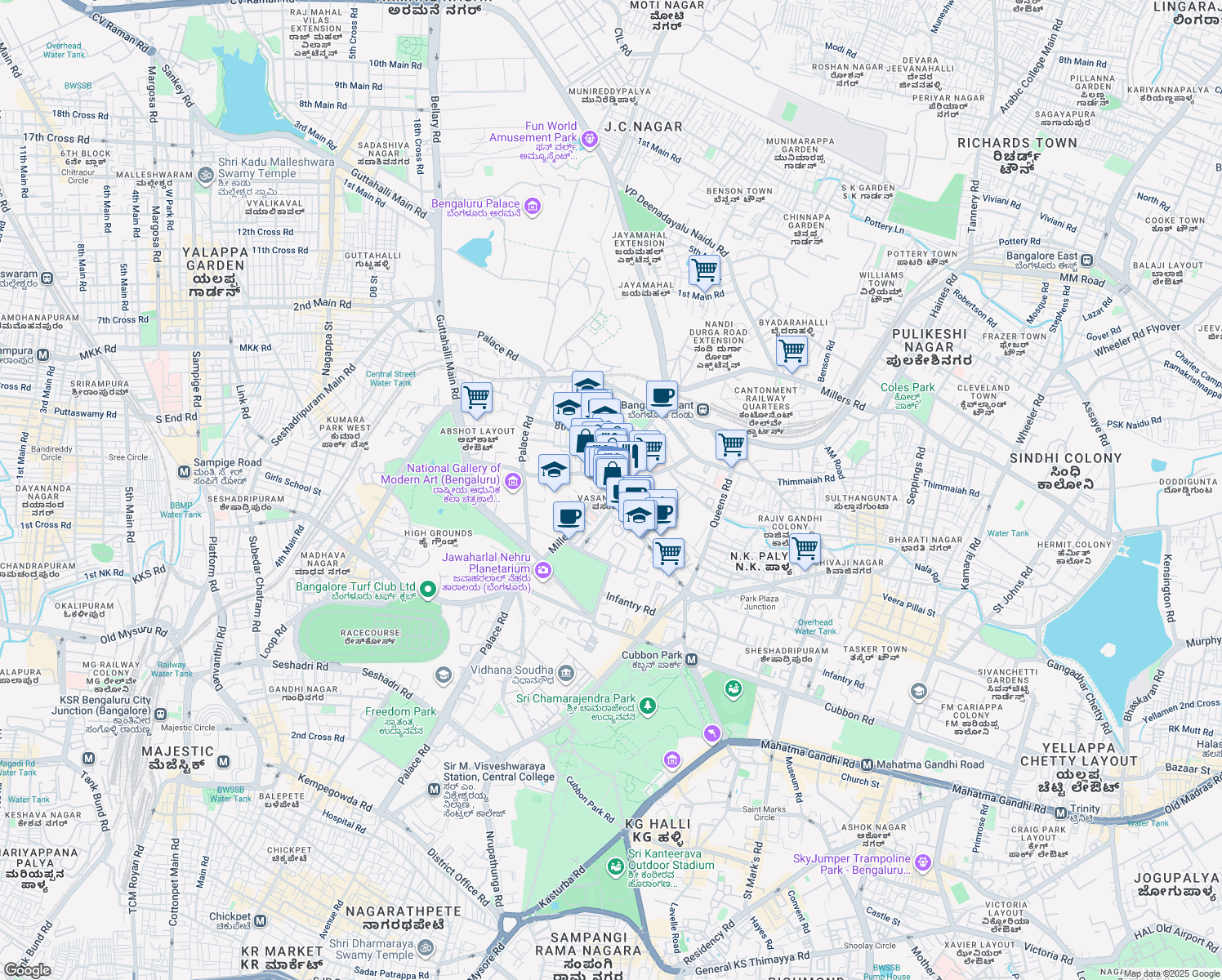 map of restaurants, bars, coffee shops, grocery stores, and more near 78 Cunningham Road in Bengaluru