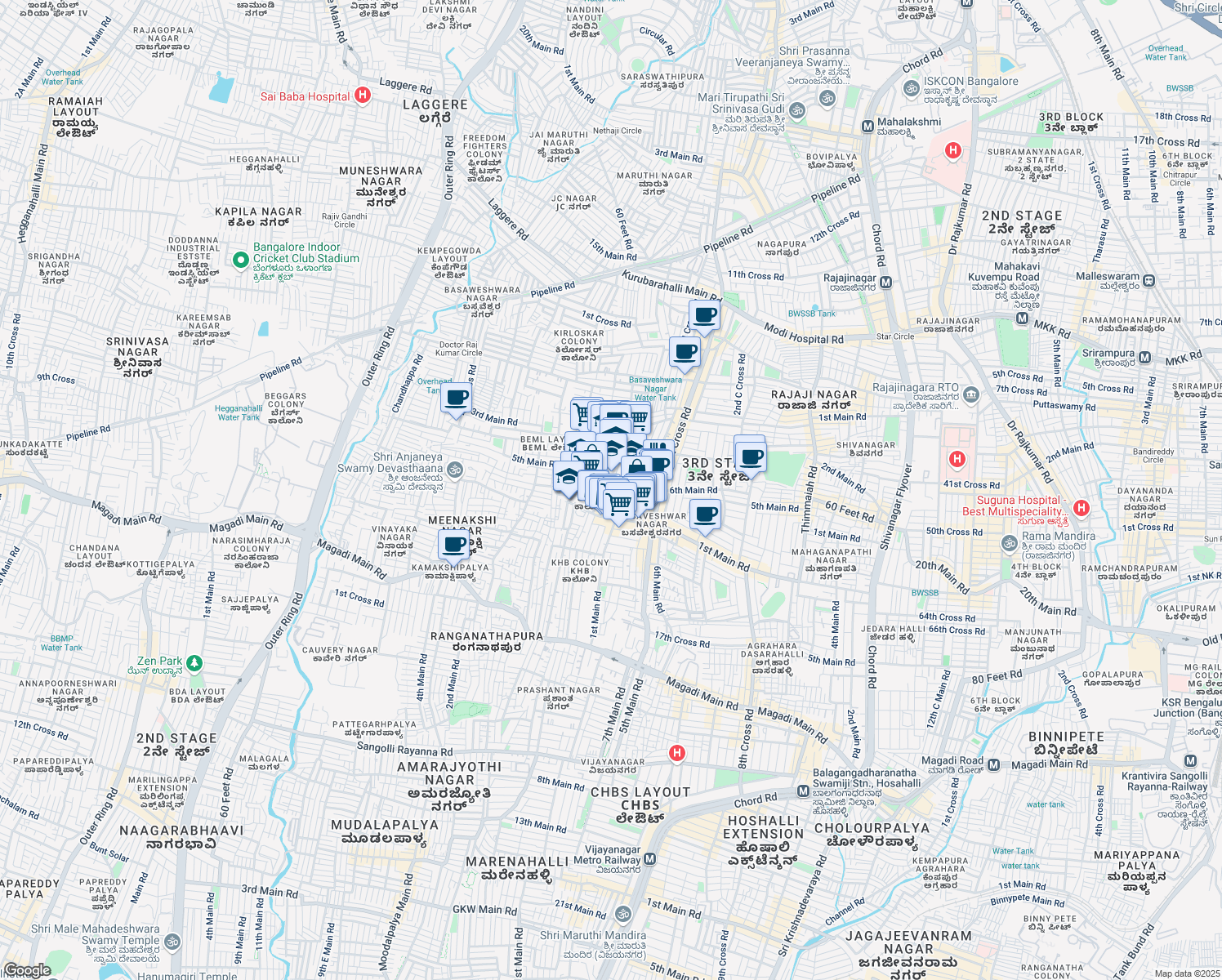 map of restaurants, bars, coffee shops, grocery stores, and more near 212 1st G Cross Road in Bengaluru