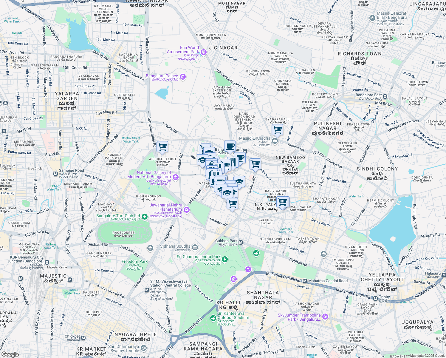 map of restaurants, bars, coffee shops, grocery stores, and more near Cunningham Crescent Road in Bengaluru