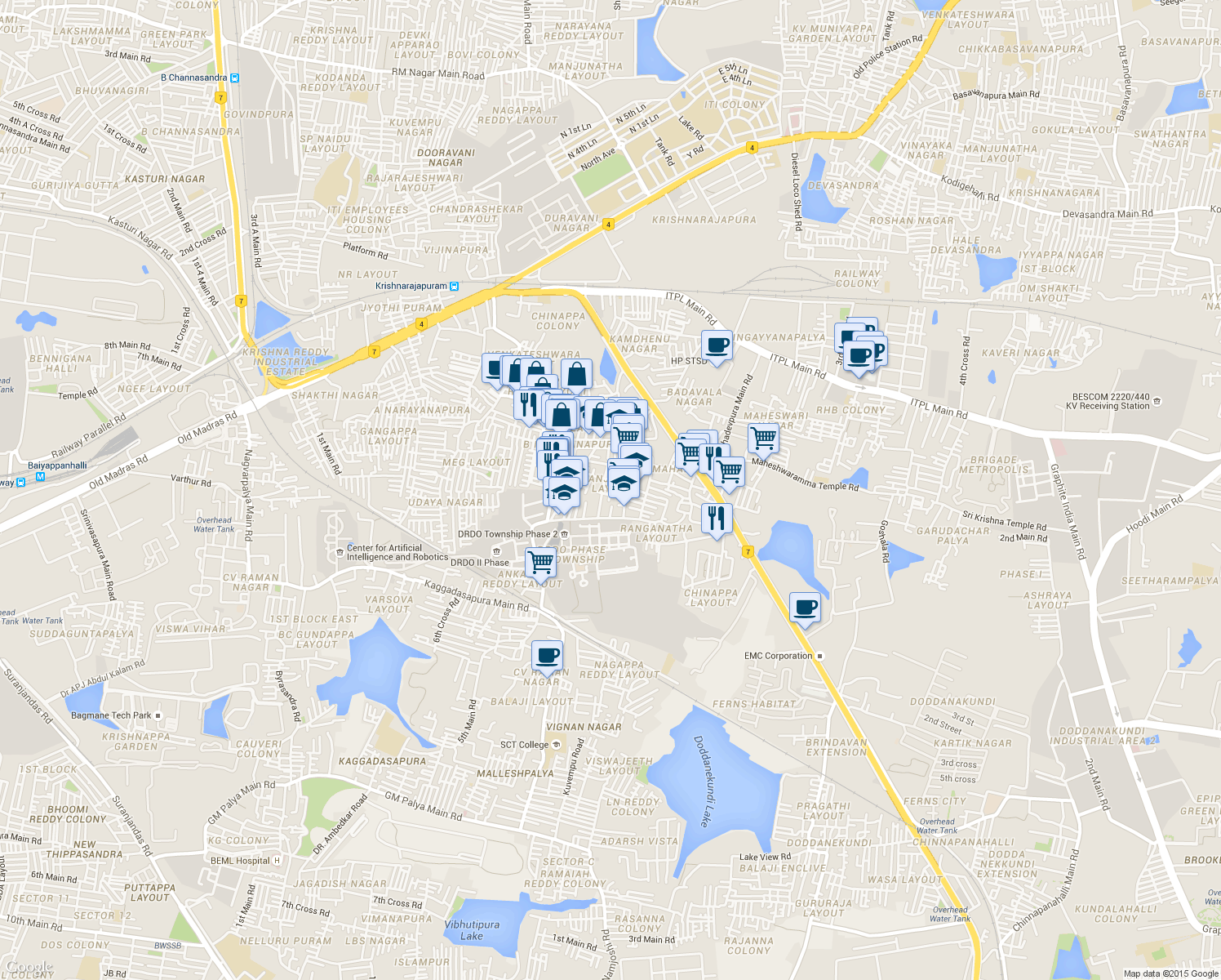 map of restaurants, bars, coffee shops, grocery stores, and more near 3rd A Cross in Bengaluru