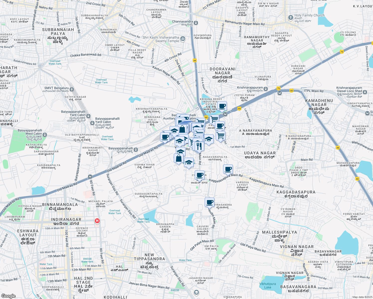 map of restaurants, bars, coffee shops, grocery stores, and more near Varthur Road in Bengaluru