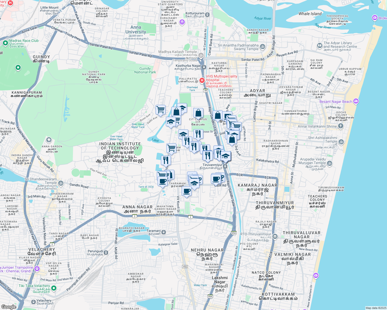 map of restaurants, bars, coffee shops, grocery stores, and more near in Chennai