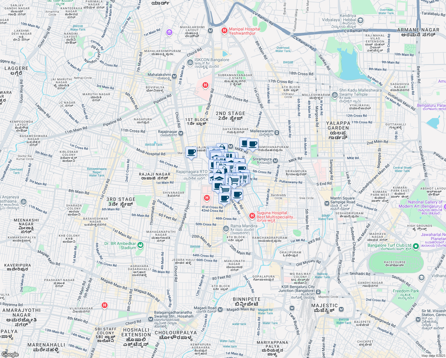 map of restaurants, bars, coffee shops, grocery stores, and more near Doctor Rajkumar Road in Bengaluru