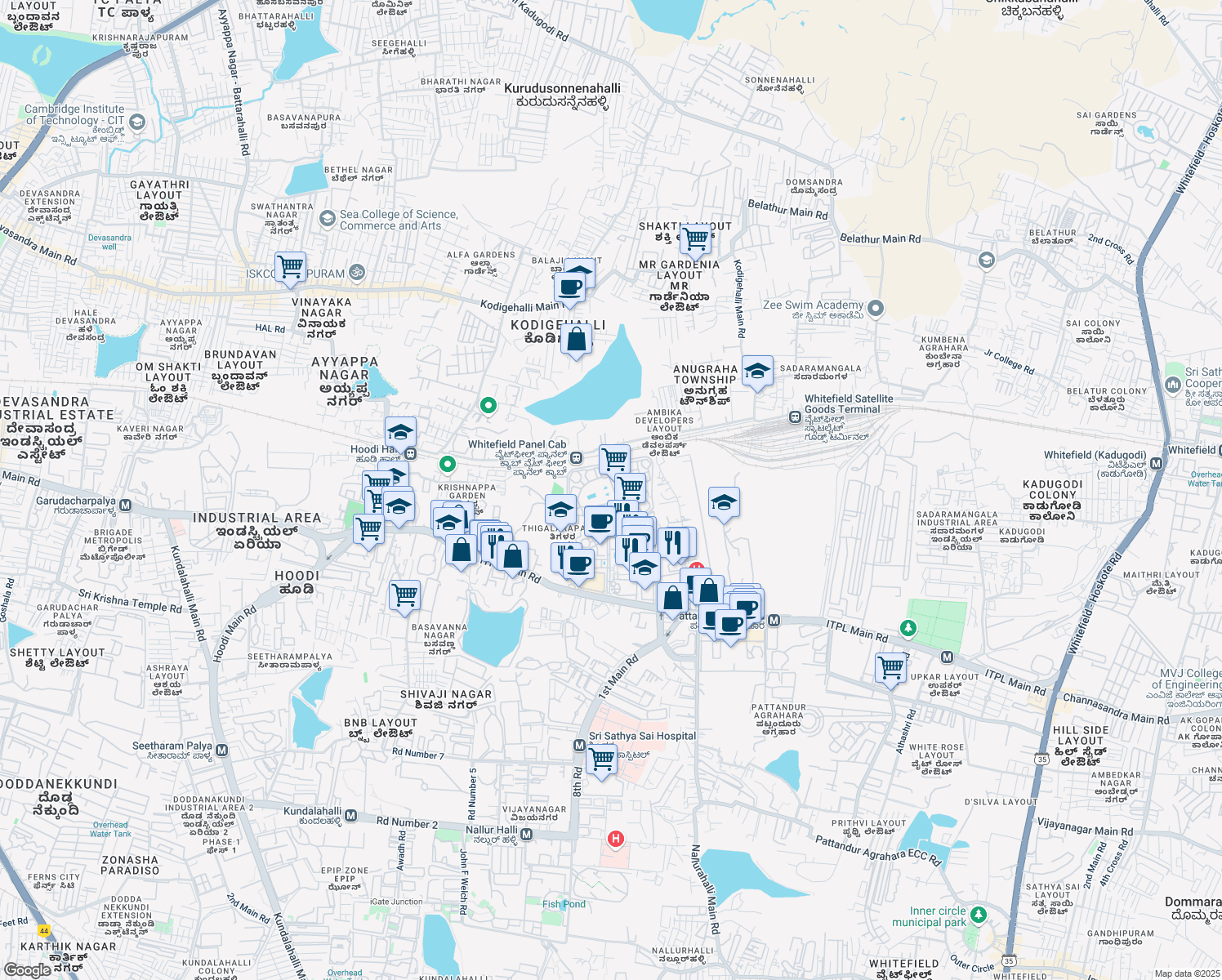 map of restaurants, bars, coffee shops, grocery stores, and more near 16 Whitefield Main Road in Bengaluru