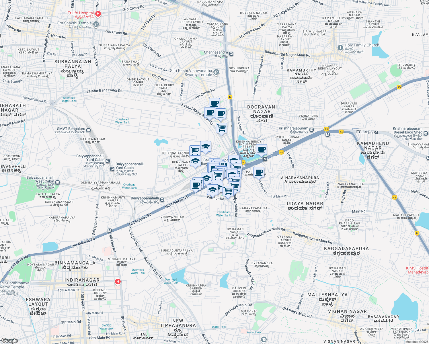 map of restaurants, bars, coffee shops, grocery stores, and more near in Bengaluru