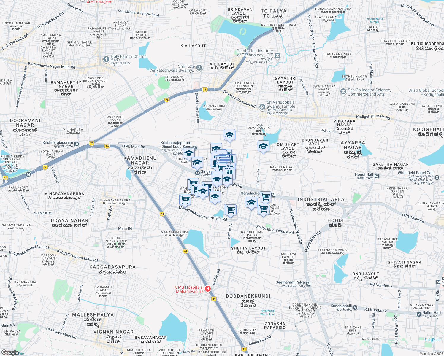 map of restaurants, bars, coffee shops, grocery stores, and more near Whitefield Road in Bengaluru