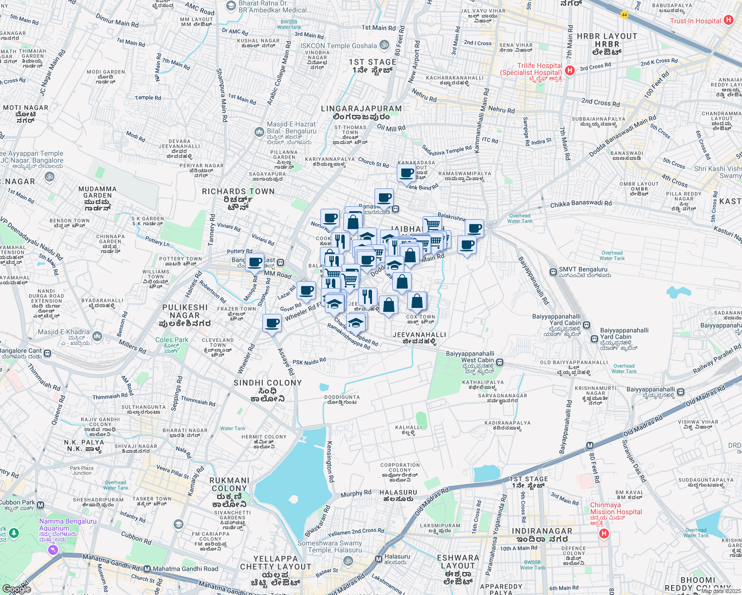 map of restaurants, bars, coffee shops, grocery stores, and more near 2 Dodda Banaswadi Main Road in Bengaluru