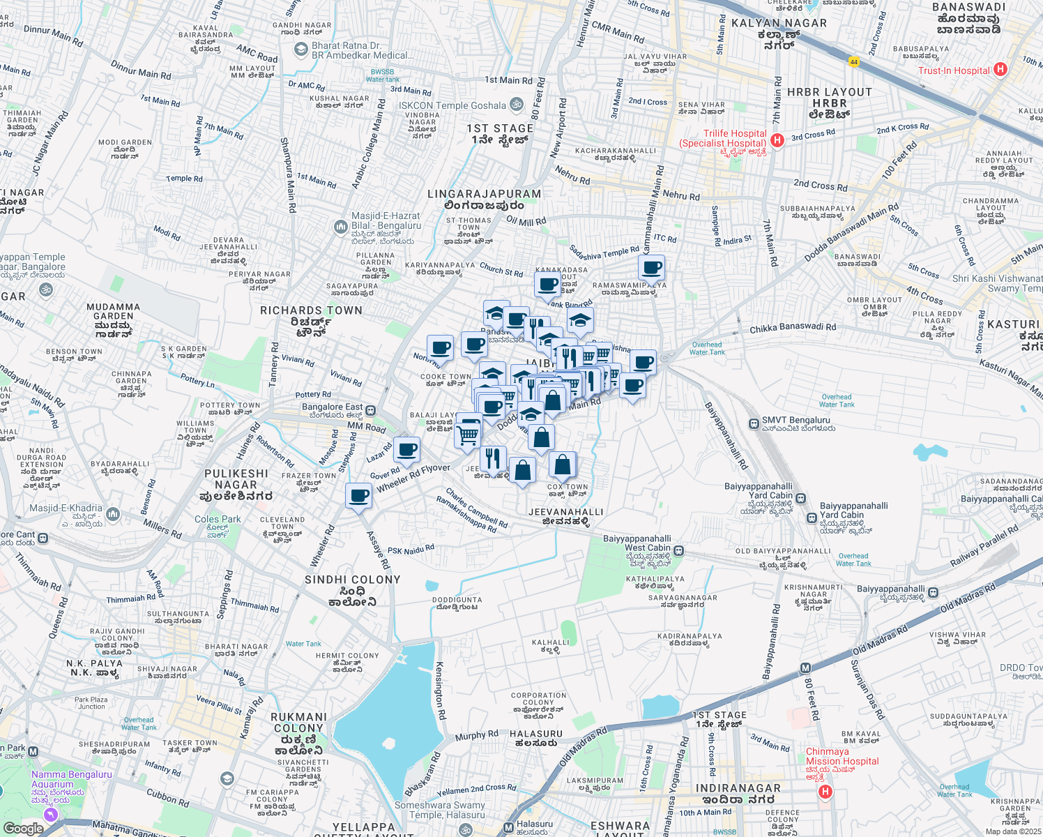 map of restaurants, bars, coffee shops, grocery stores, and more near 2 Dodda Banaswadi Main Road in Bengaluru
