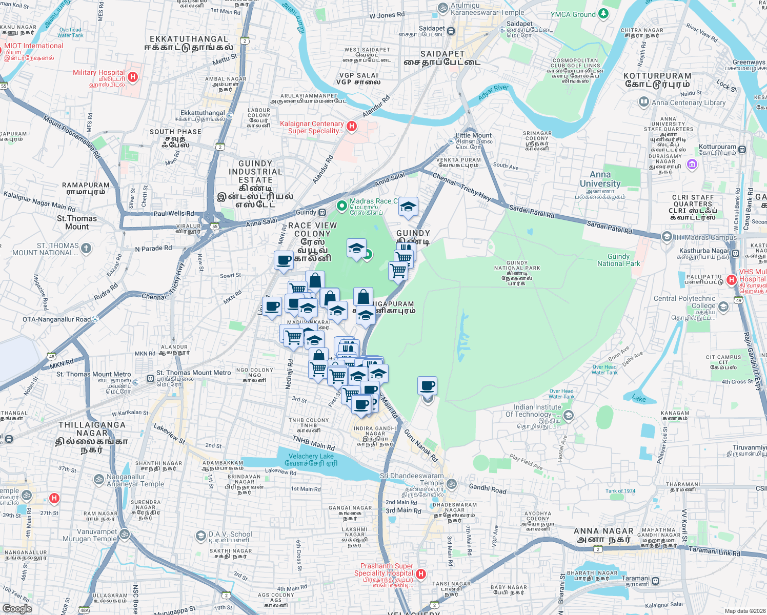 map of restaurants, bars, coffee shops, grocery stores, and more near 30th Street in Chennai