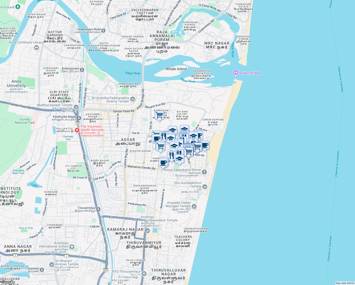 map of restaurants, bars, coffee shops, grocery stores, and more near 1st Cross Street in Chennai