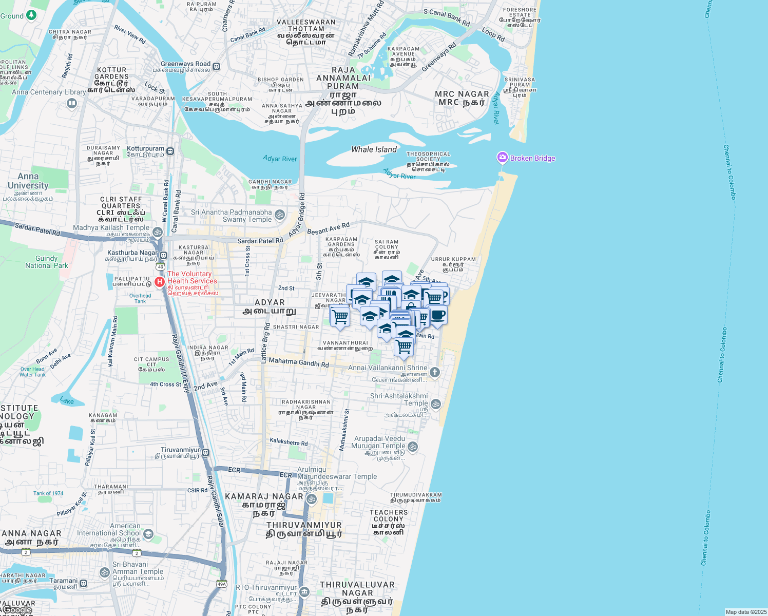 map of restaurants, bars, coffee shops, grocery stores, and more near 1st Cross Street in Chennai