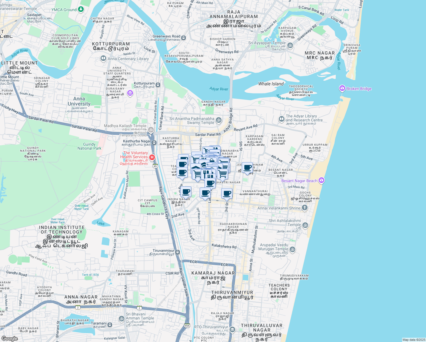 map of restaurants, bars, coffee shops, grocery stores, and more near in Chennai