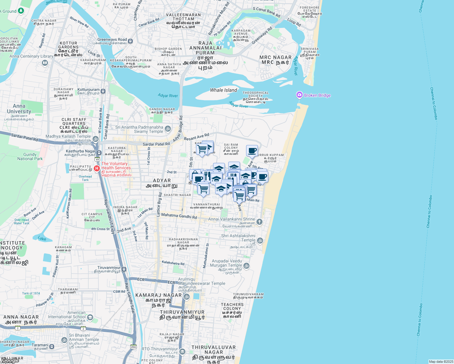 map of restaurants, bars, coffee shops, grocery stores, and more near 1st Cross Street in Chennai