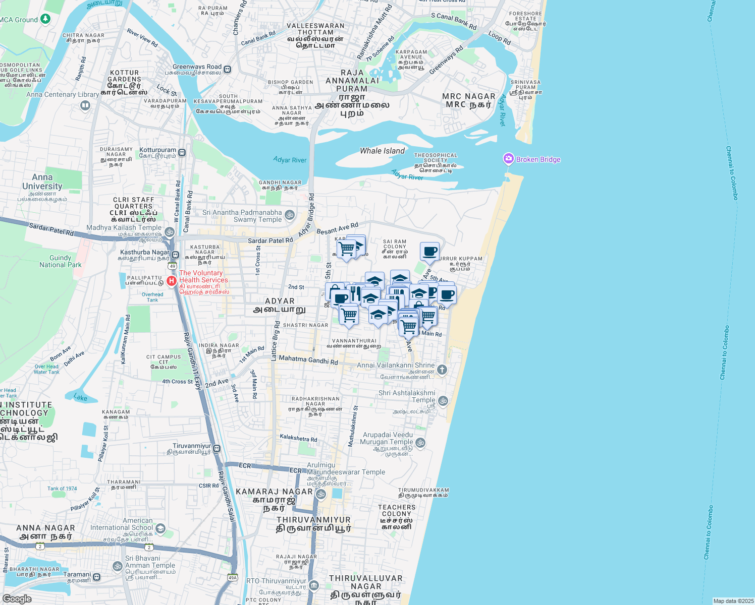map of restaurants, bars, coffee shops, grocery stores, and more near 1st Cross Street in Chennai