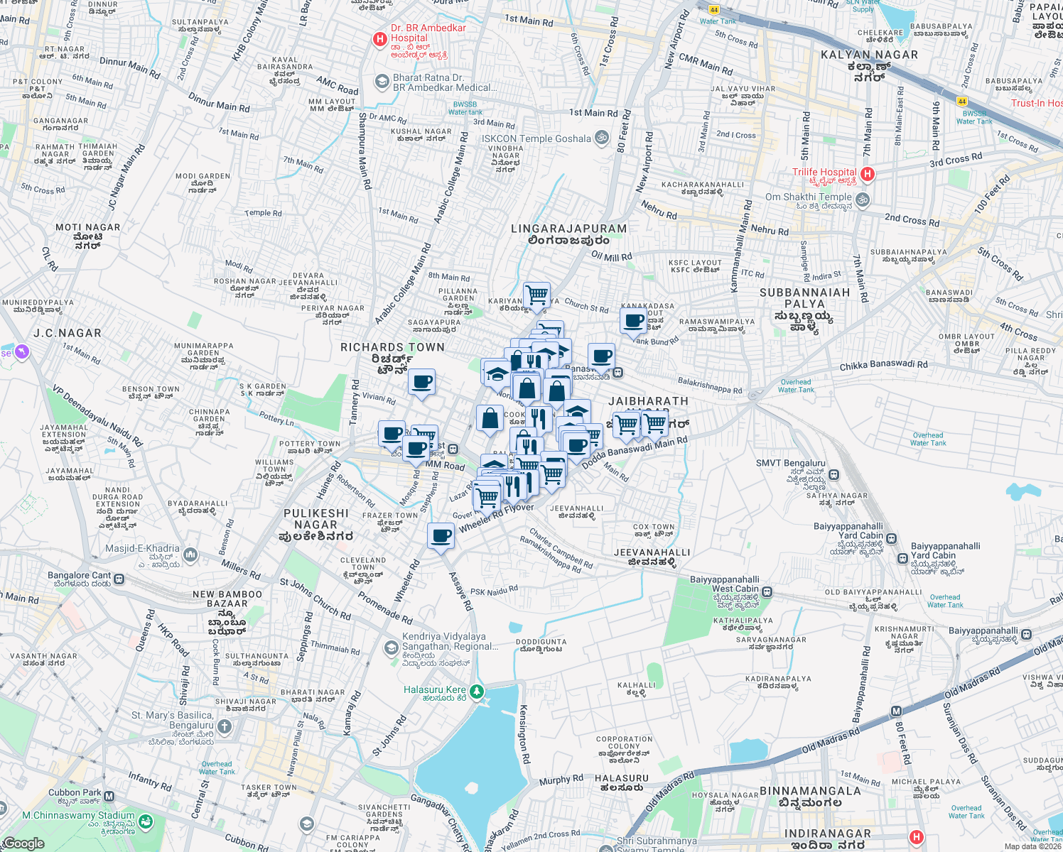 map of restaurants, bars, coffee shops, grocery stores, and more near 38-4 Davis Road in Bengaluru