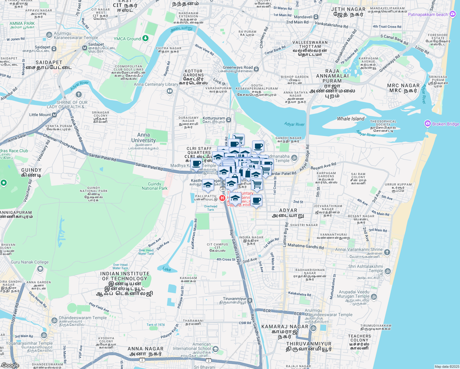 map of restaurants, bars, coffee shops, grocery stores, and more near Canal Bank Road in Chennai
