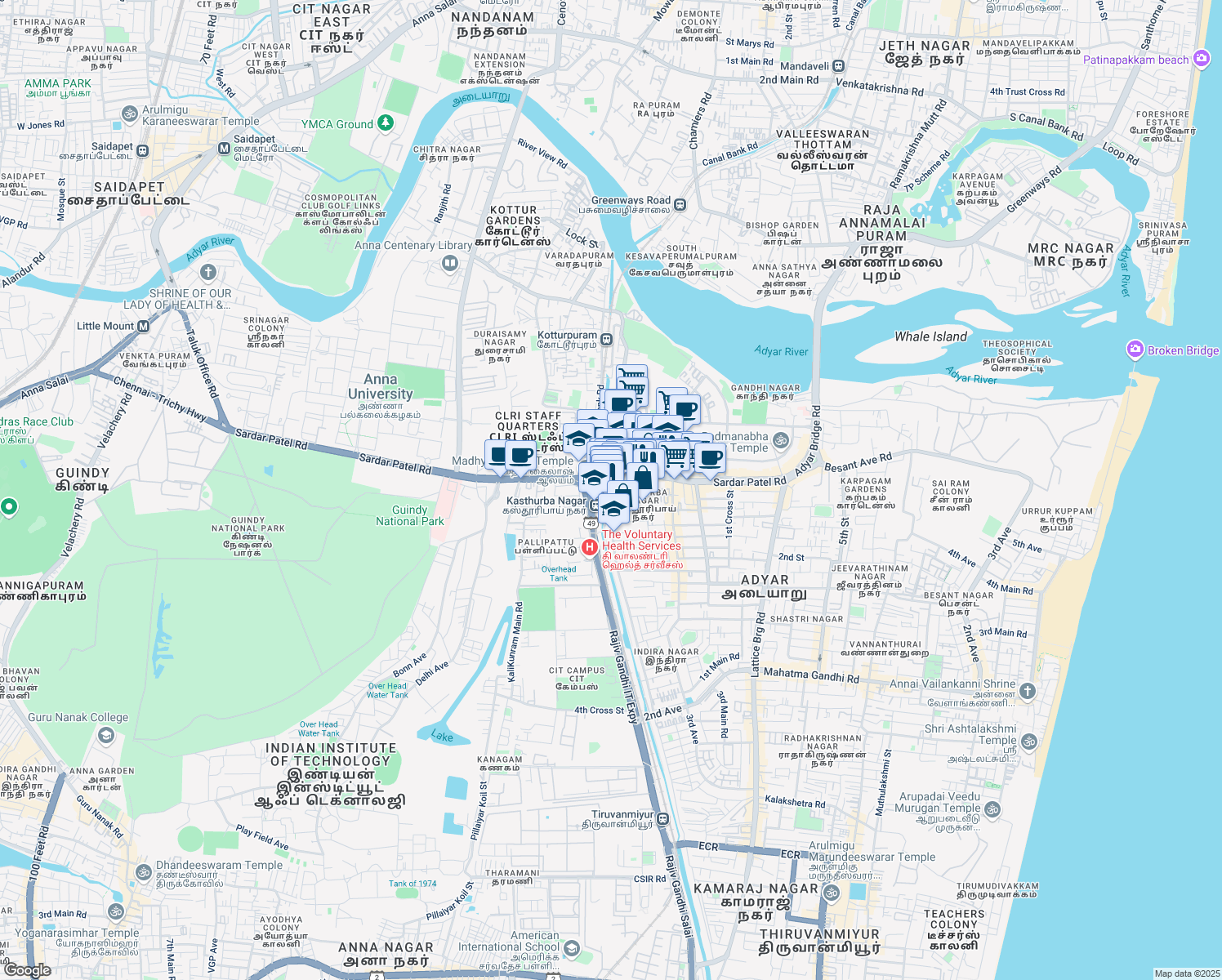map of restaurants, bars, coffee shops, grocery stores, and more near Canal Bank Road in Chennai