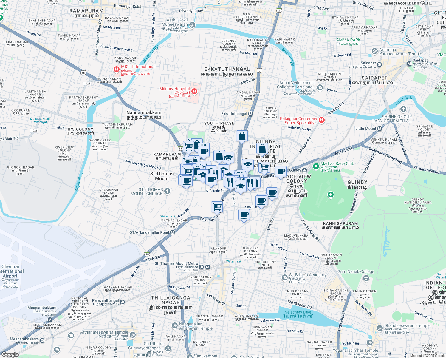 map of restaurants, bars, coffee shops, grocery stores, and more near 7 Mount Poonamalle High Road in Chennai
