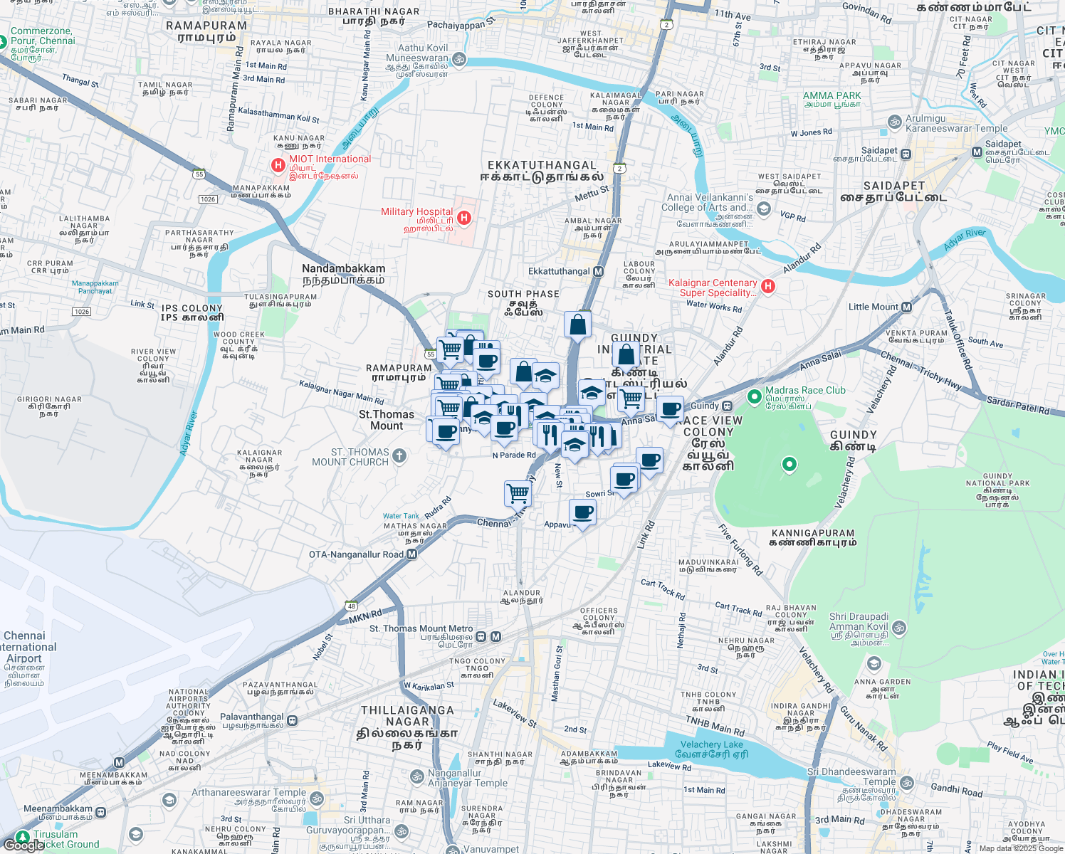 map of restaurants, bars, coffee shops, grocery stores, and more near 7 Mount Poonamalle High Road in Chennai