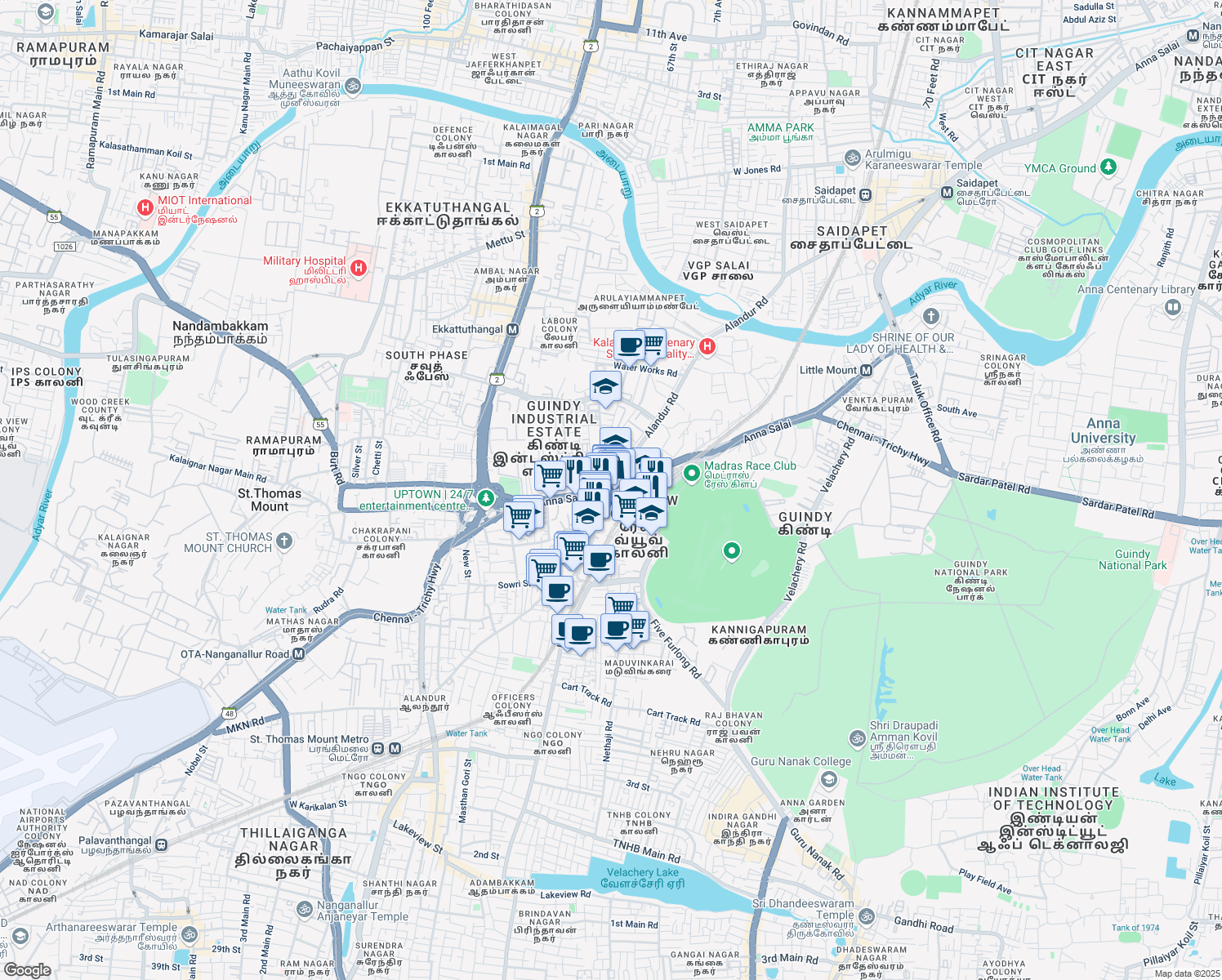 map of restaurants, bars, coffee shops, grocery stores, and more near 45-46 Chennai - Trichy Highway in Chennai