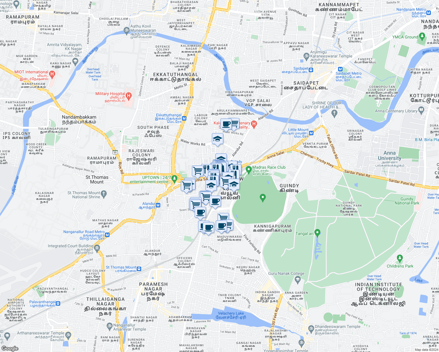 map of restaurants, bars, coffee shops, grocery stores, and more near 45-46 Chennai - Trichy Highway in Chennai