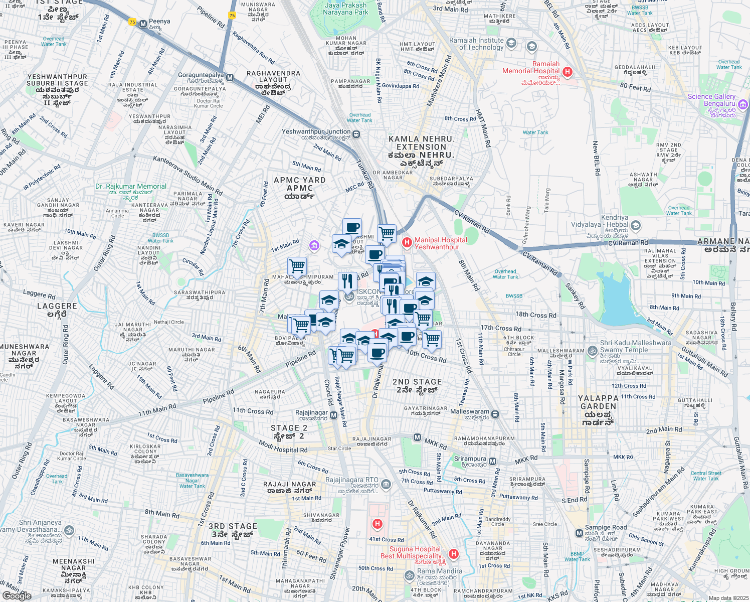 map of restaurants, bars, coffee shops, grocery stores, and more near 1 Doctor Rajkumar Road in Bengaluru