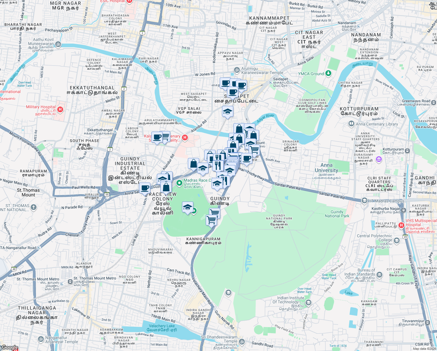 map of restaurants, bars, coffee shops, grocery stores, and more near 63 Anna Salai in Chennai