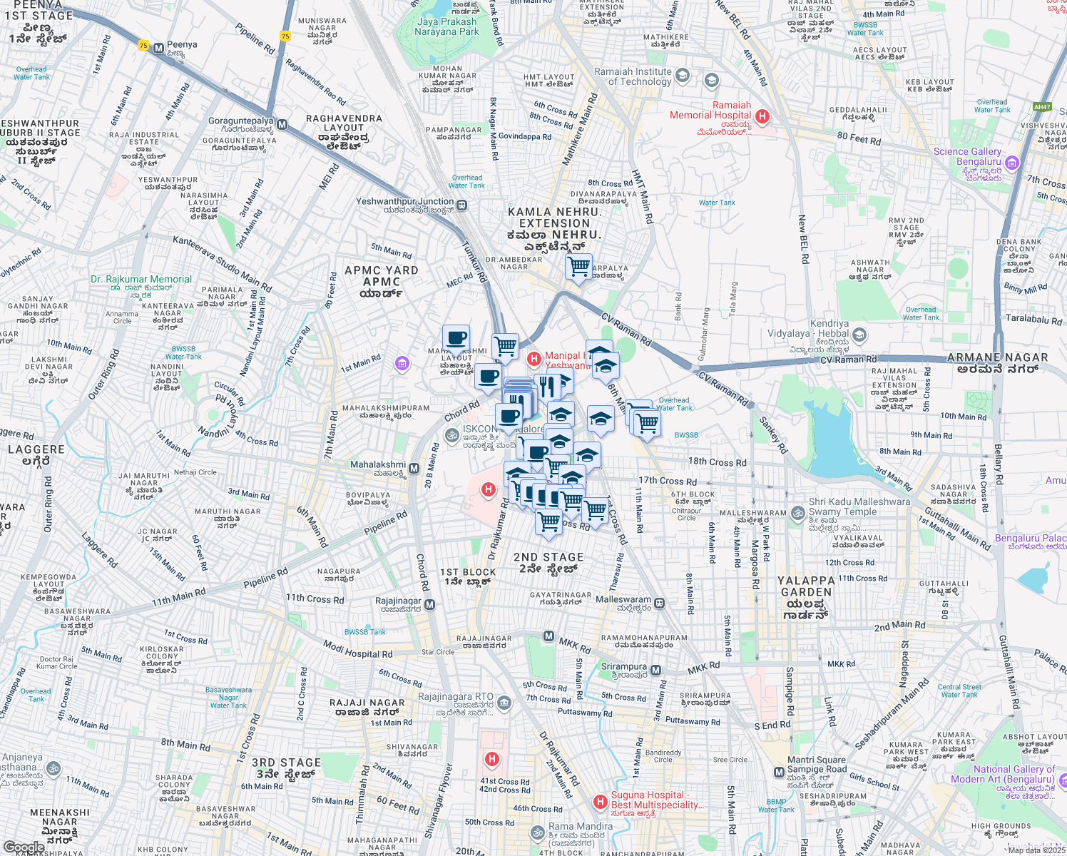 map of restaurants, bars, coffee shops, grocery stores, and more near Doctor Rajkumar Road in Bengaluru