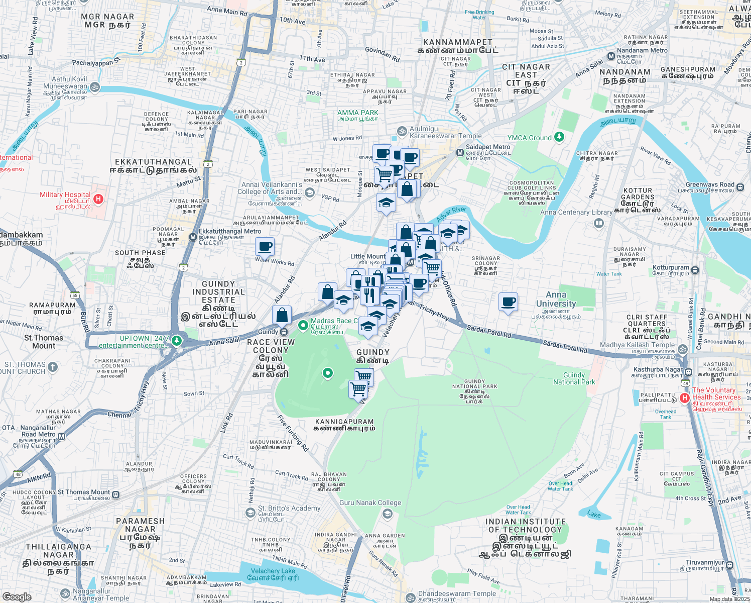 map of restaurants, bars, coffee shops, grocery stores, and more near 63 Anna Salai in Chennai