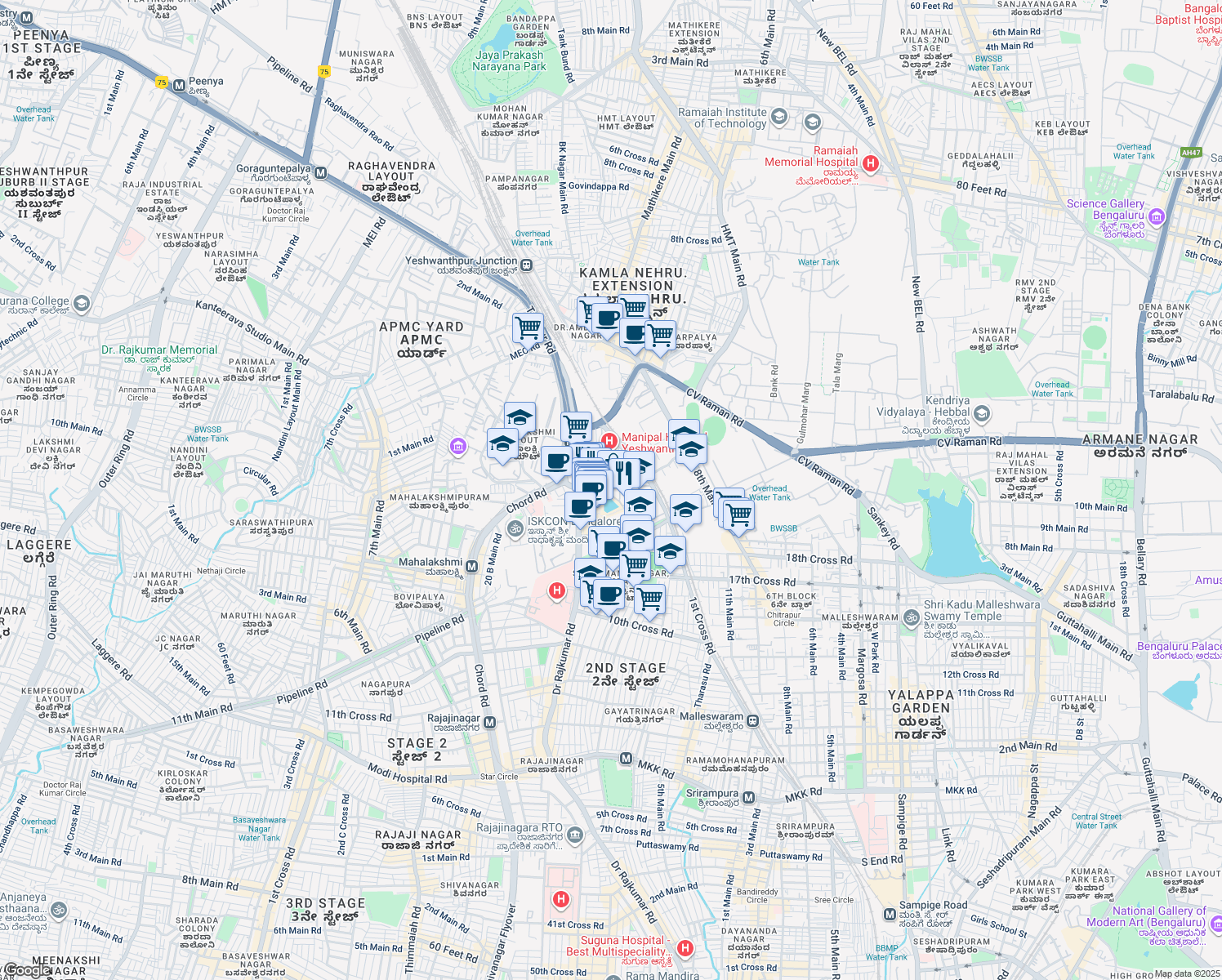 map of restaurants, bars, coffee shops, grocery stores, and more near 1 Doctor Rajkumar Road in Bengaluru