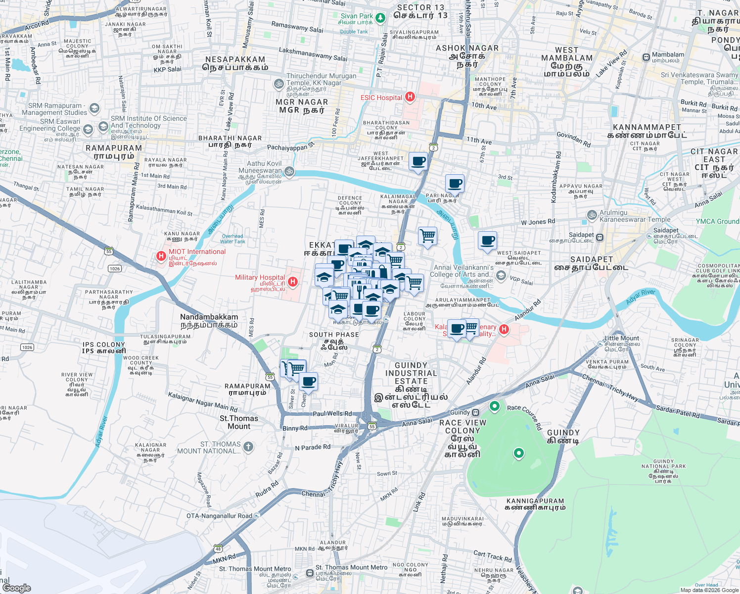 map of restaurants, bars, coffee shops, grocery stores, and more near Veeramamunivar Street in Chennai