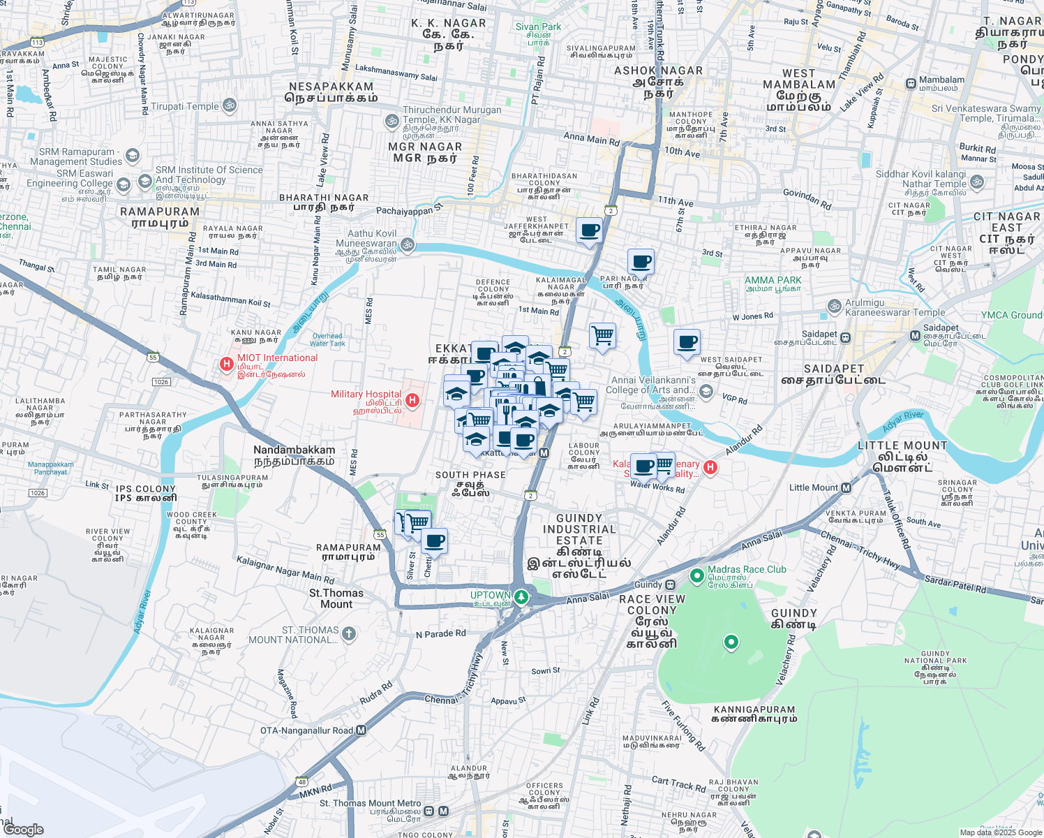 map of restaurants, bars, coffee shops, grocery stores, and more near Veeramamunivar Street in Chennai