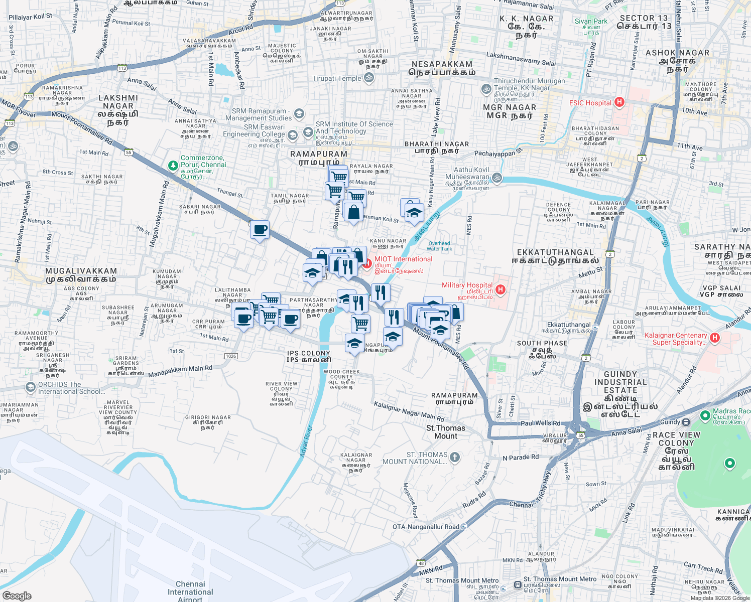 map of restaurants, bars, coffee shops, grocery stores, and more near Mount Poonamallee Road in Chennai