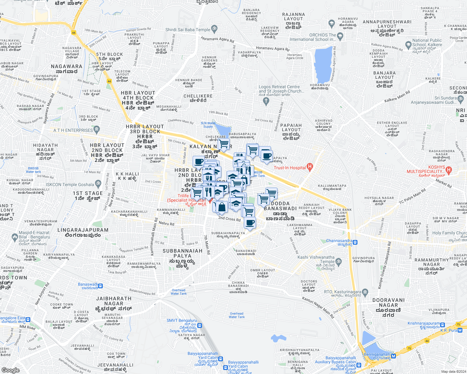map of restaurants, bars, coffee shops, grocery stores, and more near in Bengaluru