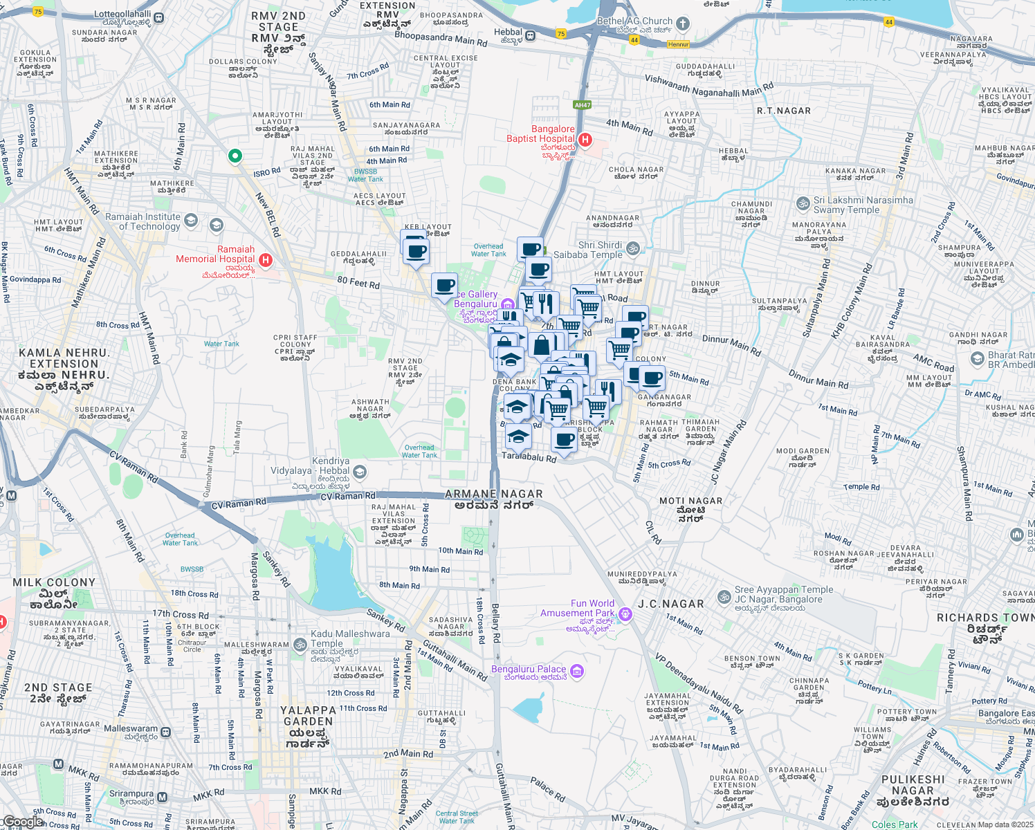 map of restaurants, bars, coffee shops, grocery stores, and more near 8 Bellary Road in Bengaluru