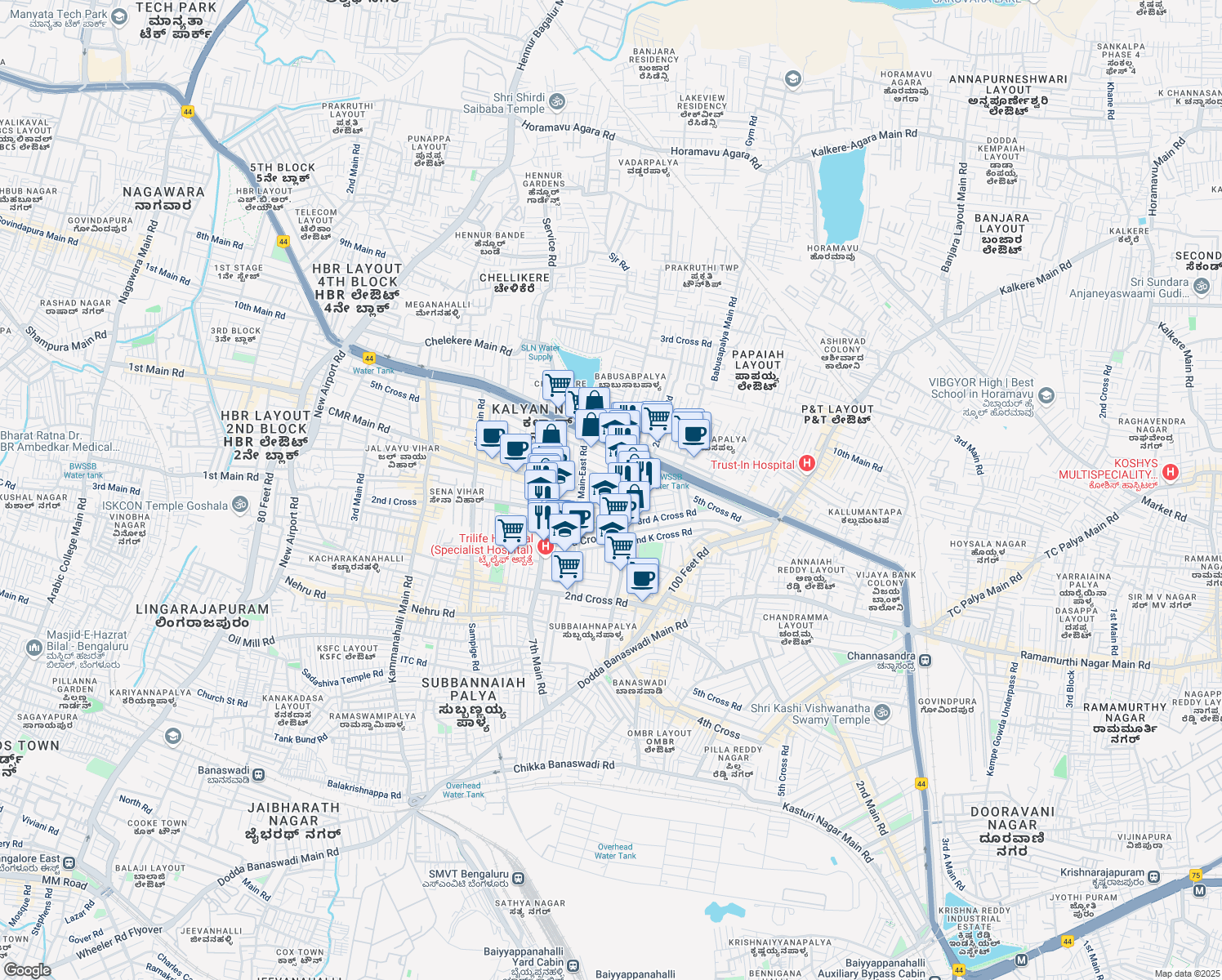 map of restaurants, bars, coffee shops, grocery stores, and more near Outer Ring Road in Bengaluru