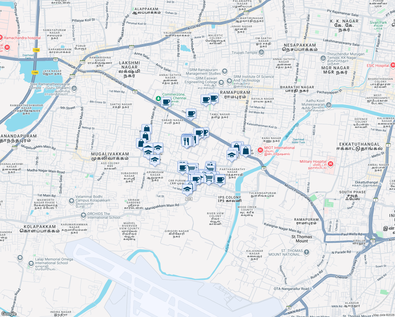 map of restaurants, bars, coffee shops, grocery stores, and more near 1/124 DLF IT Park Road in Ramapuram