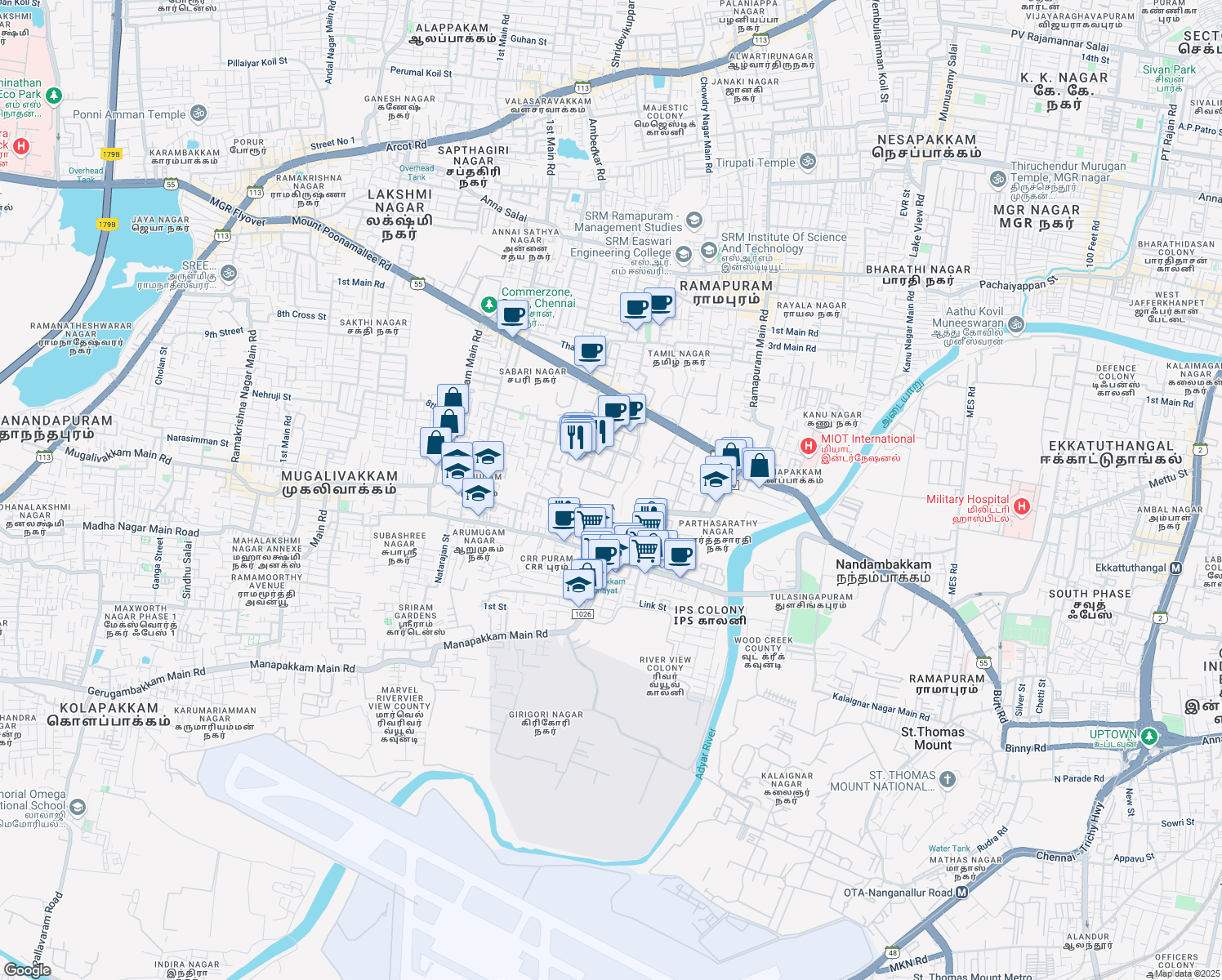 map of restaurants, bars, coffee shops, grocery stores, and more near 1/124 DLF IT Park Road in Ramapuram