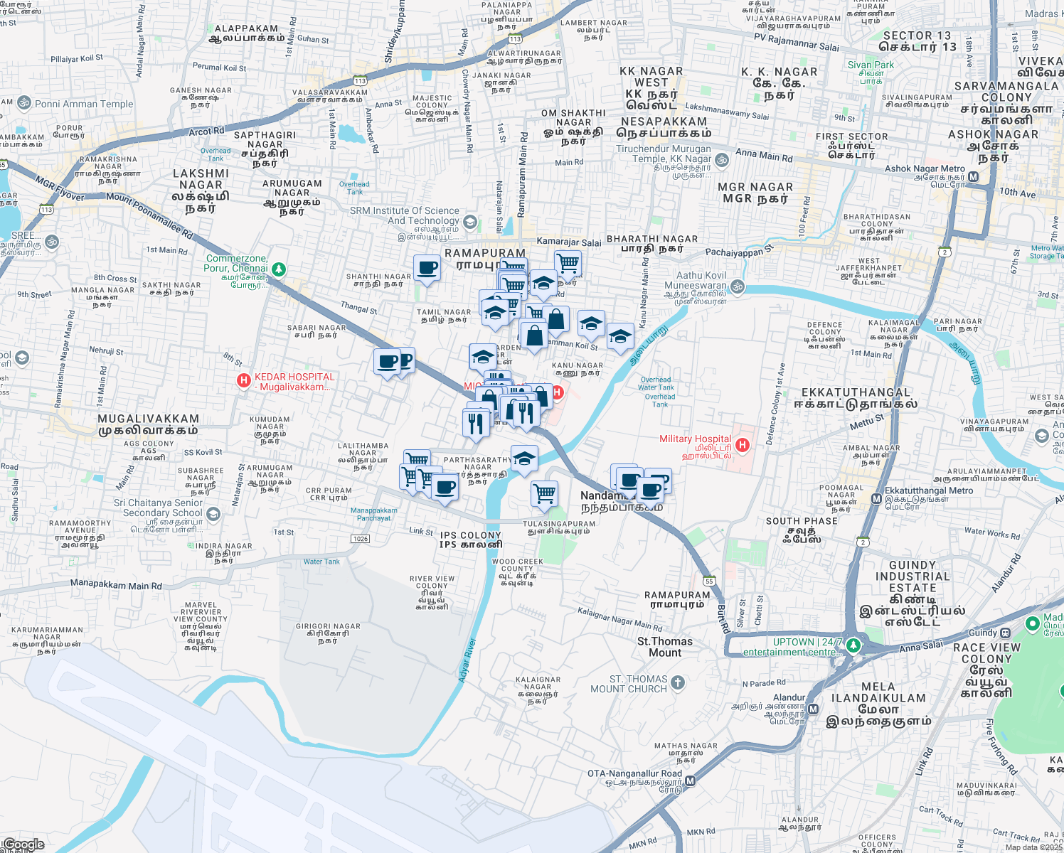 map of restaurants, bars, coffee shops, grocery stores, and more near Mount Poonamalle High Road in Chennai