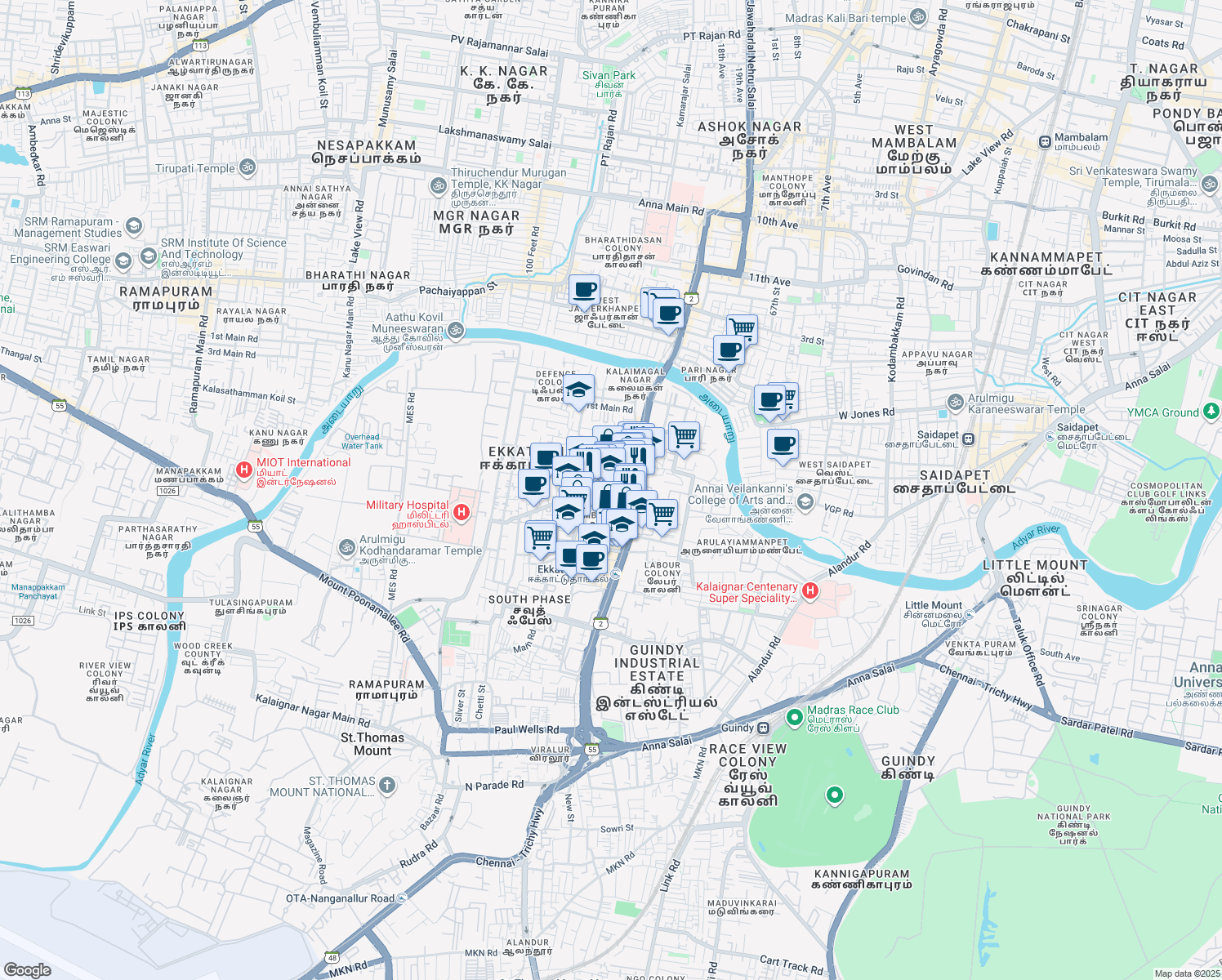 map of restaurants, bars, coffee shops, grocery stores, and more near Mount Poonamalle High Road in Chennai