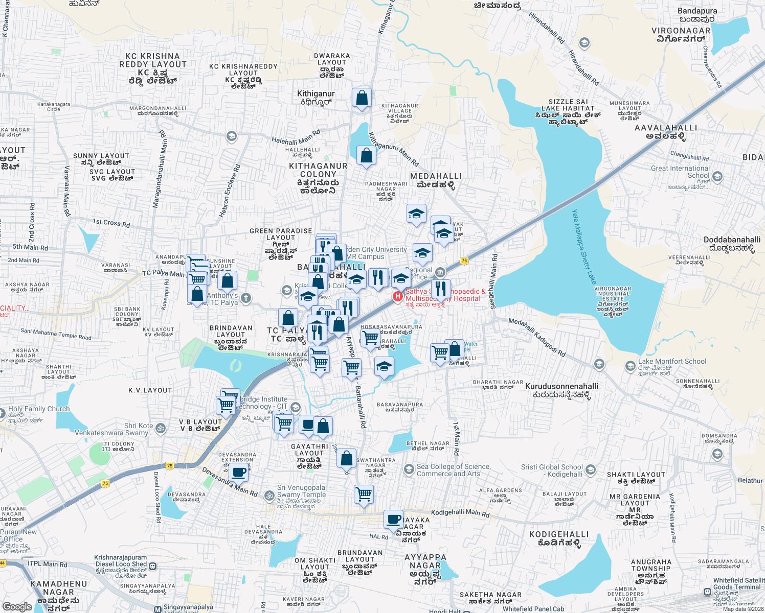 map of restaurants, bars, coffee shops, grocery stores, and more near Old Madras Road in Bengaluru