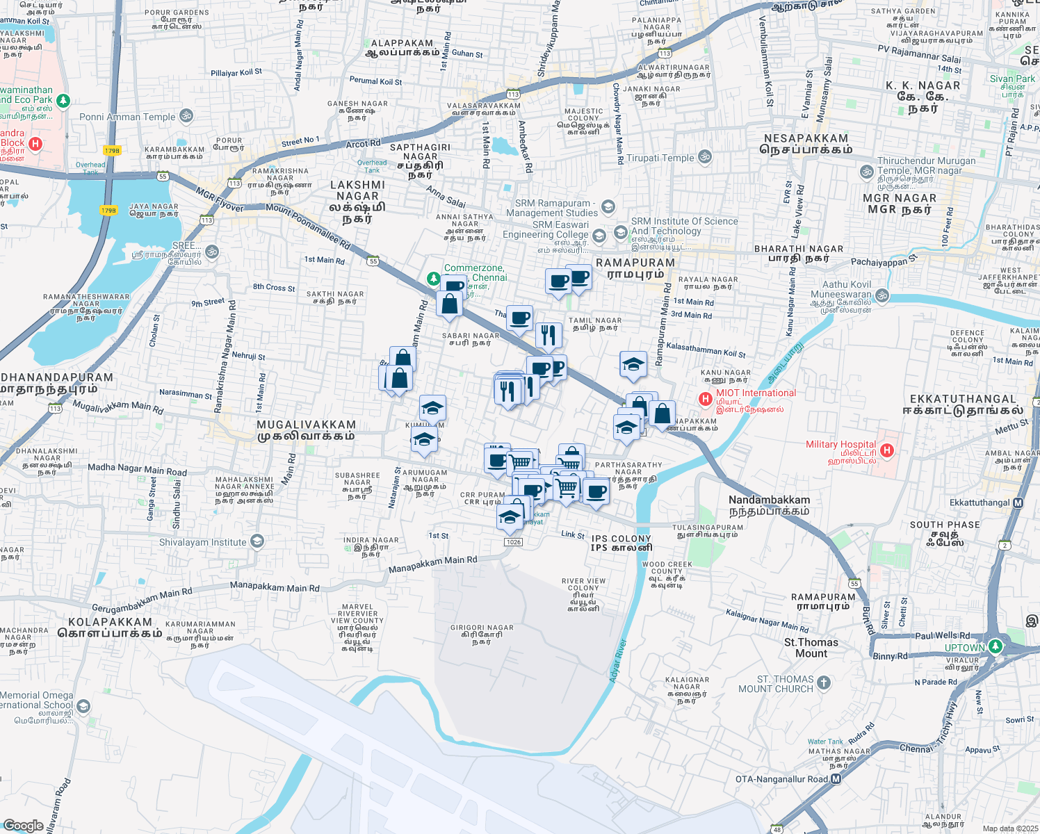 map of restaurants, bars, coffee shops, grocery stores, and more near 124 Mount Poonamallee Road in Chennai