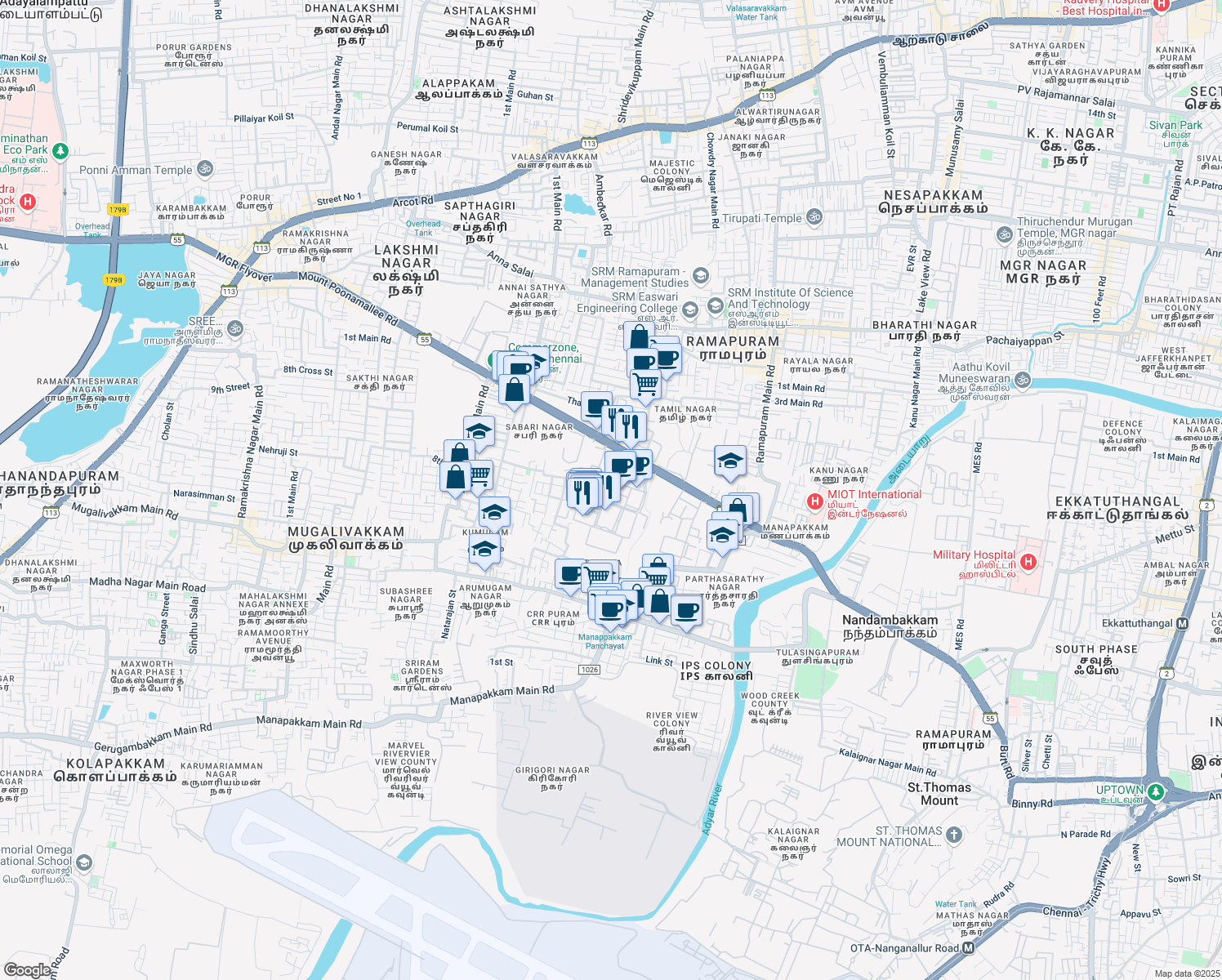 map of restaurants, bars, coffee shops, grocery stores, and more near 1/124 DLF IT Park Road in Ramapuram
