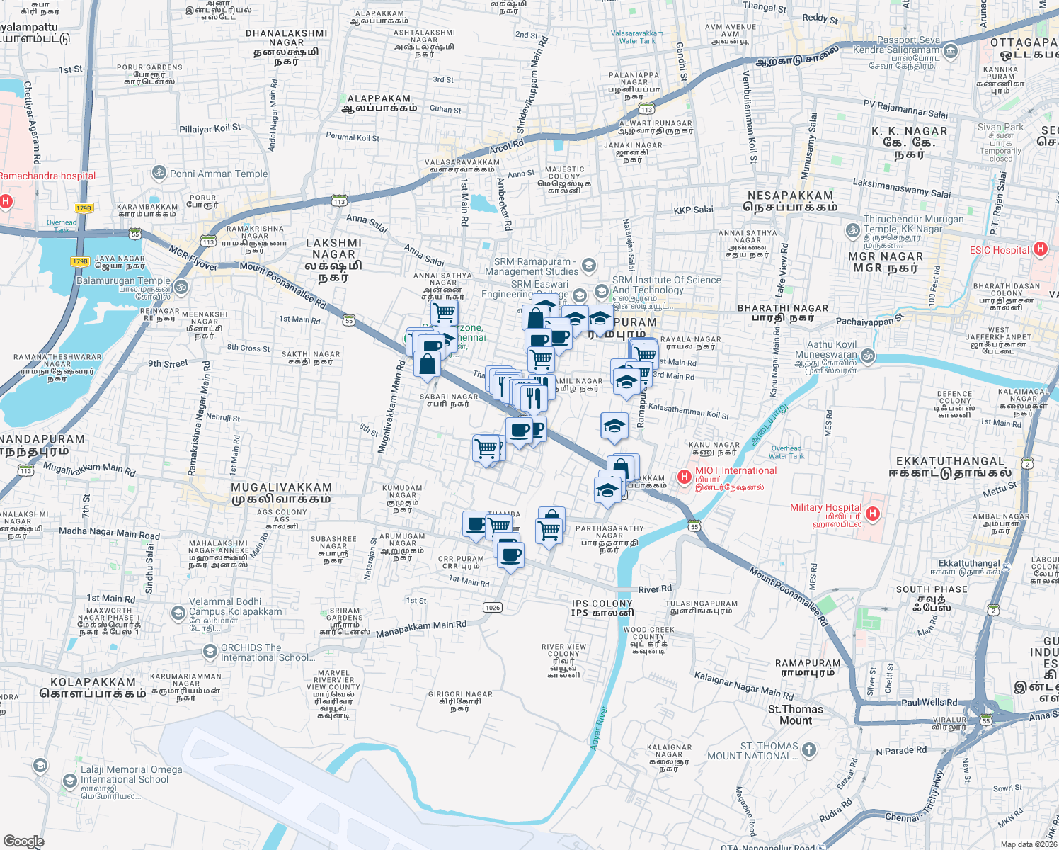 map of restaurants, bars, coffee shops, grocery stores, and more near Mount Poonamallee Road in Chennai