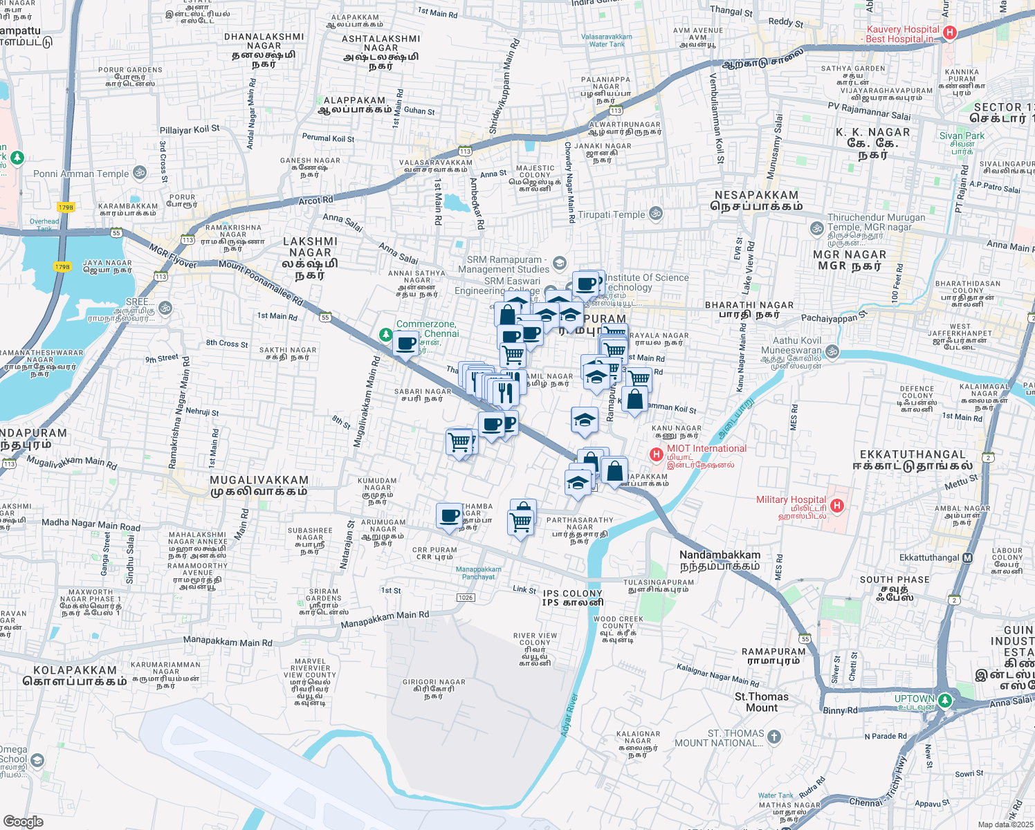 map of restaurants, bars, coffee shops, grocery stores, and more near 1 Shanthi Nagar Main Road in Chennai